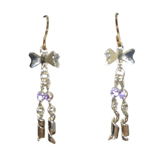 Silver Tone Ribbons and Bows Earrings, Vintage Dangle Drop Baby Blue Crystals - Picture 4 of 4